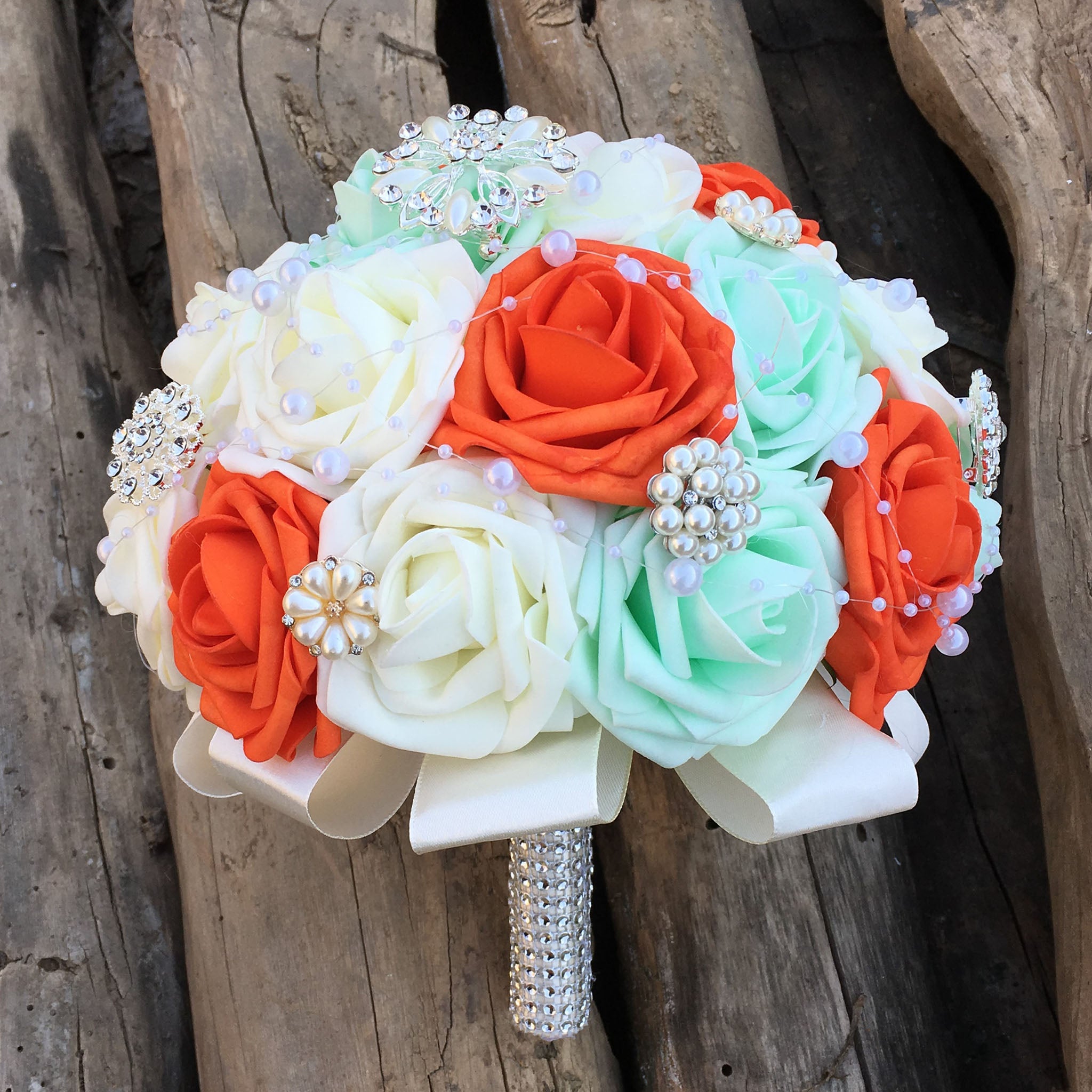 Orange Ivory Mint Bridal Wedding Bouquet 10 inch