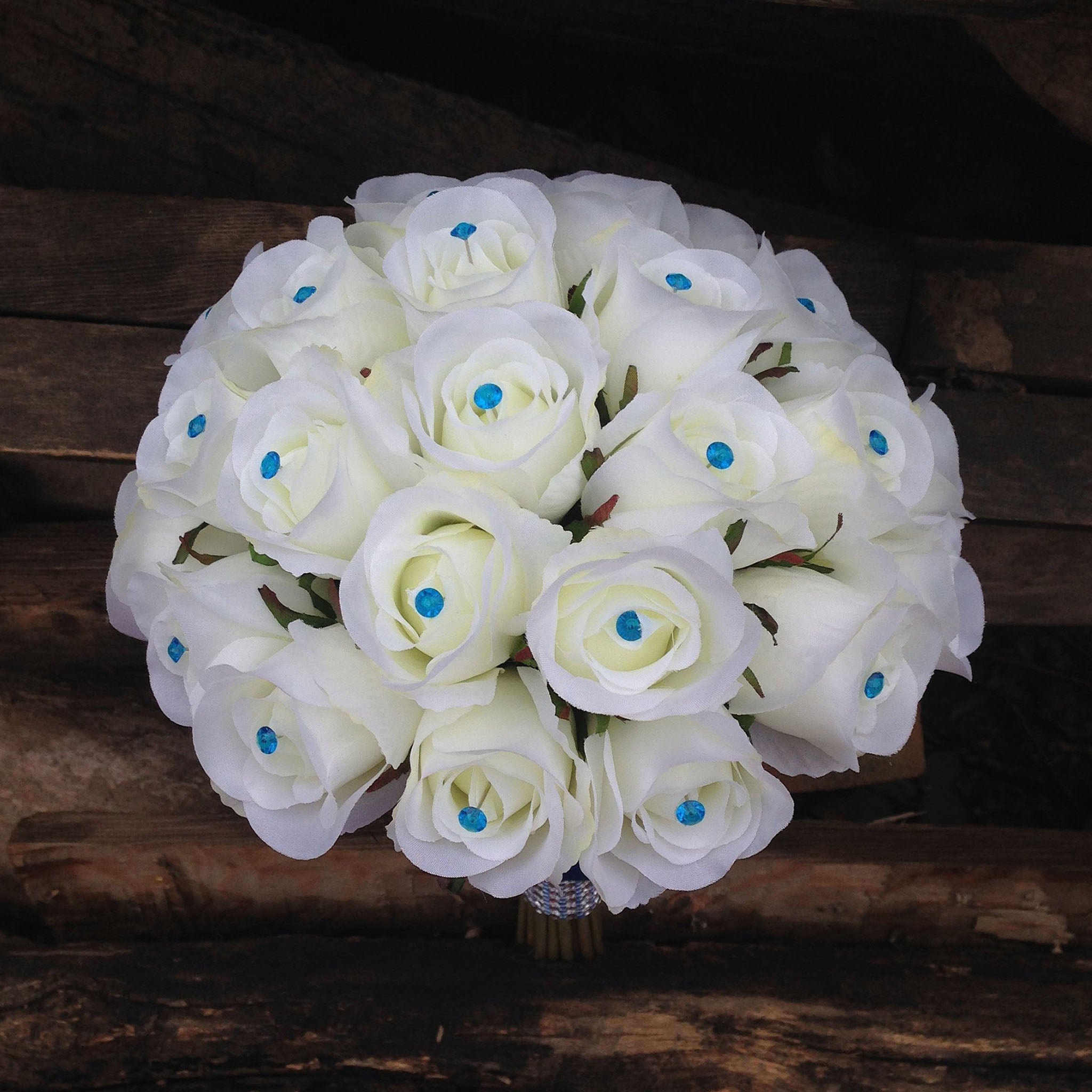 Bouquet of Silk Rose Buds Royal Blue Ribbon Bride Wedding Bouquet