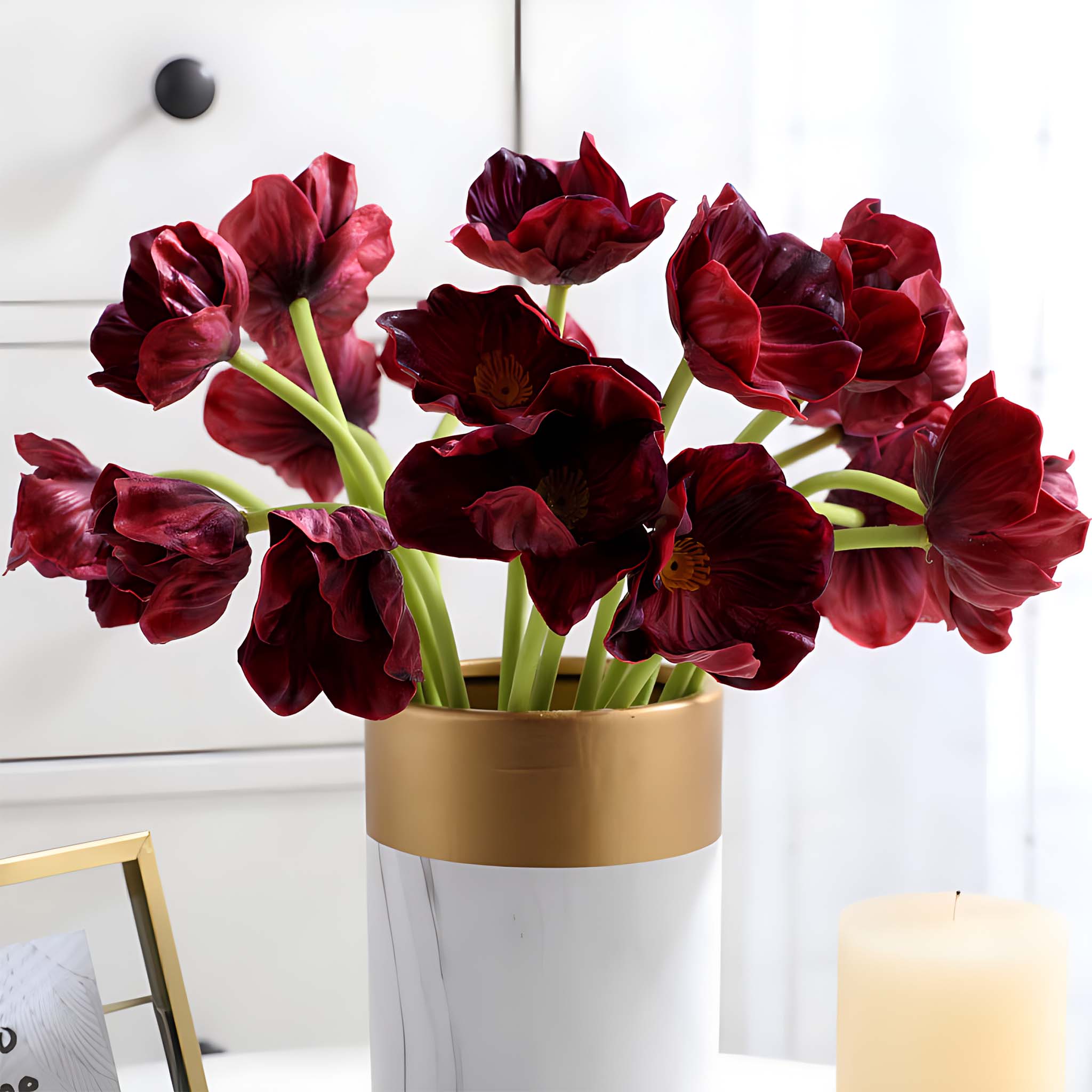 Burgundy Fake Flowers Poppy for Wedding Bouquet Centerpieces