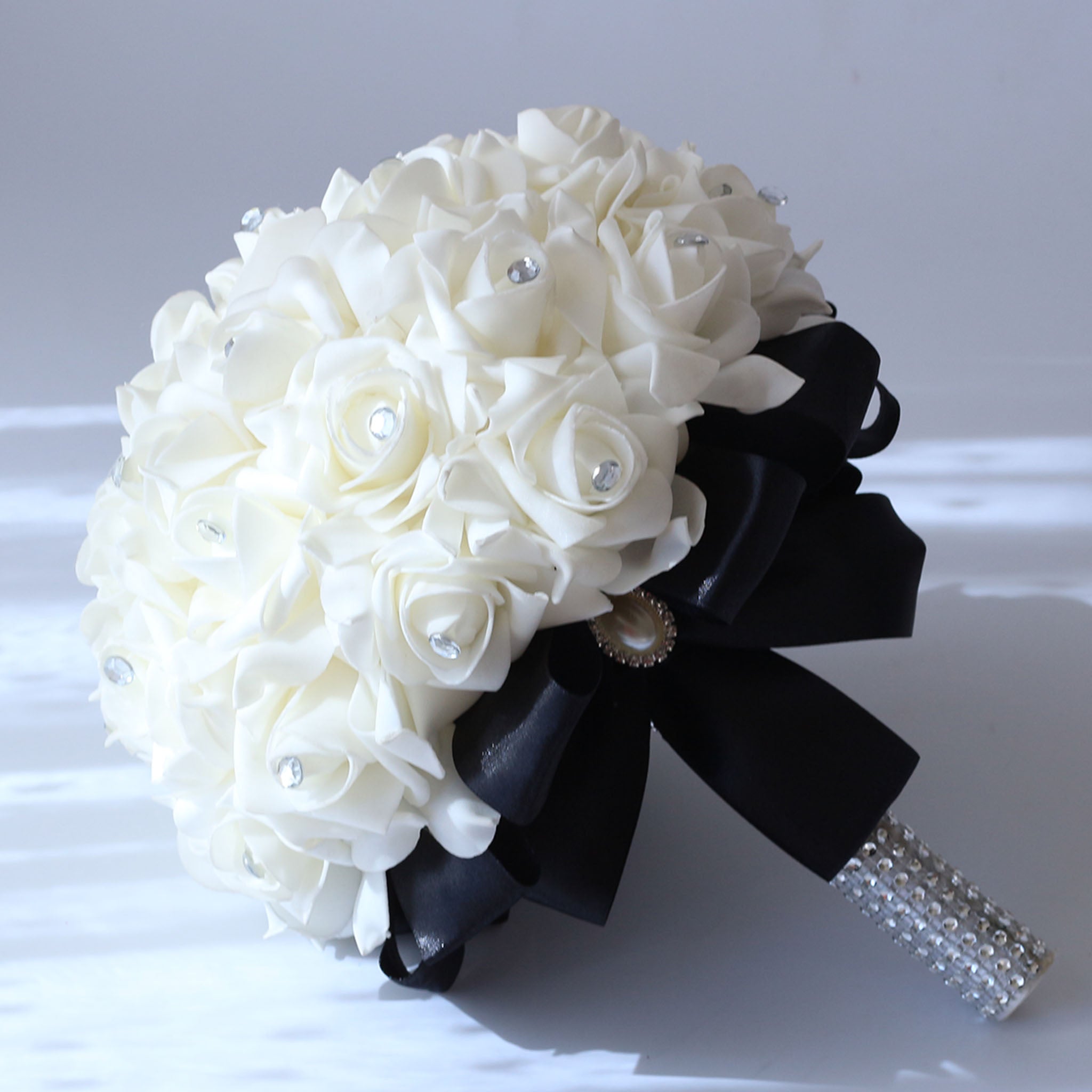 Wedding Bouquet White Roses Black Ribbon for Bridal Bridesmaids