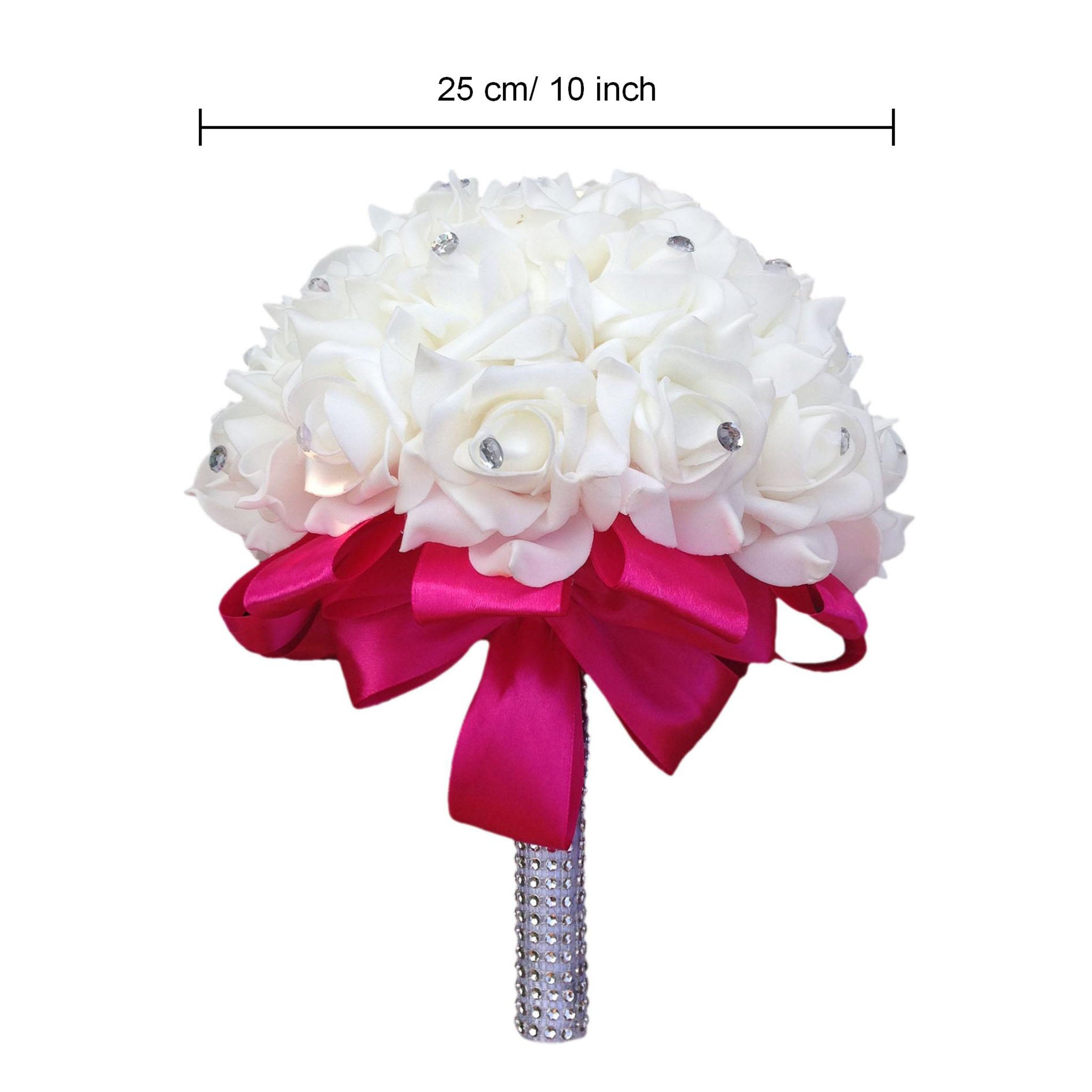 Fuchsia Silk Ribbon White Rose Bouquet For Bridal Bridesmaids