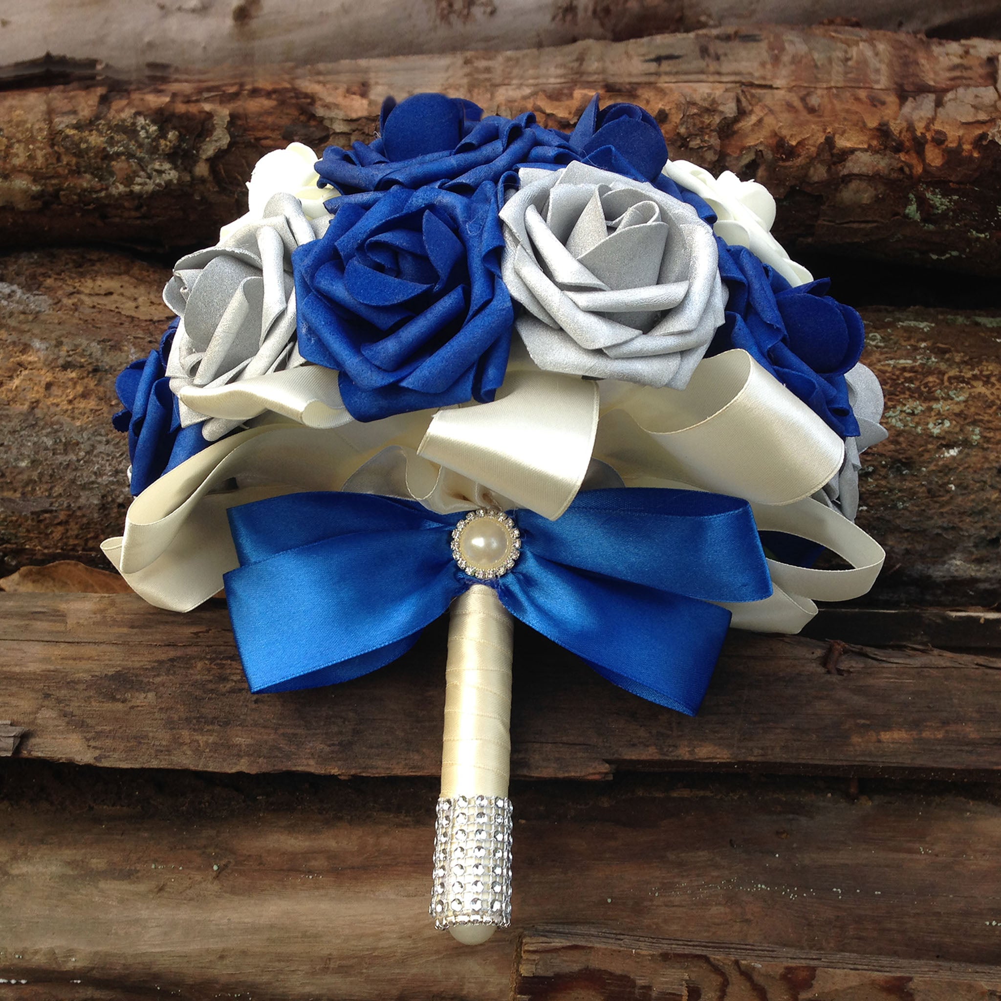 Royal Blue Ivory Roses Wedding Bouquets for Bridal Bridesmaids Boutonnieres