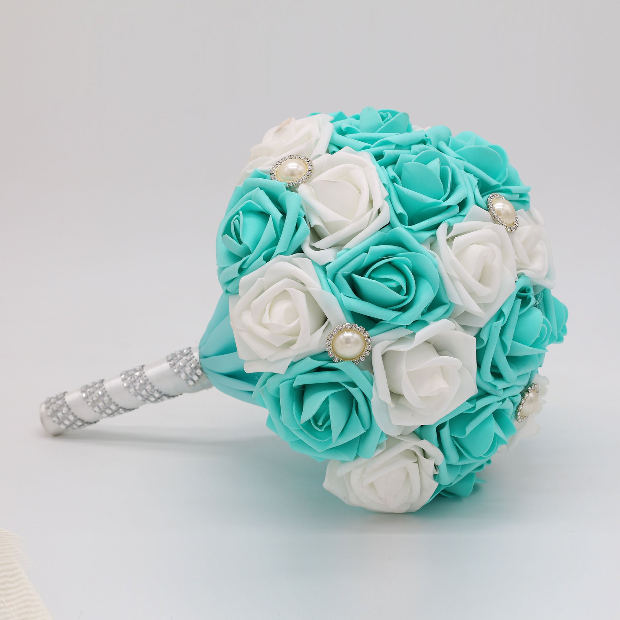 Bridal Flower Bouquet Teal and White Roses Artificial Bouquet