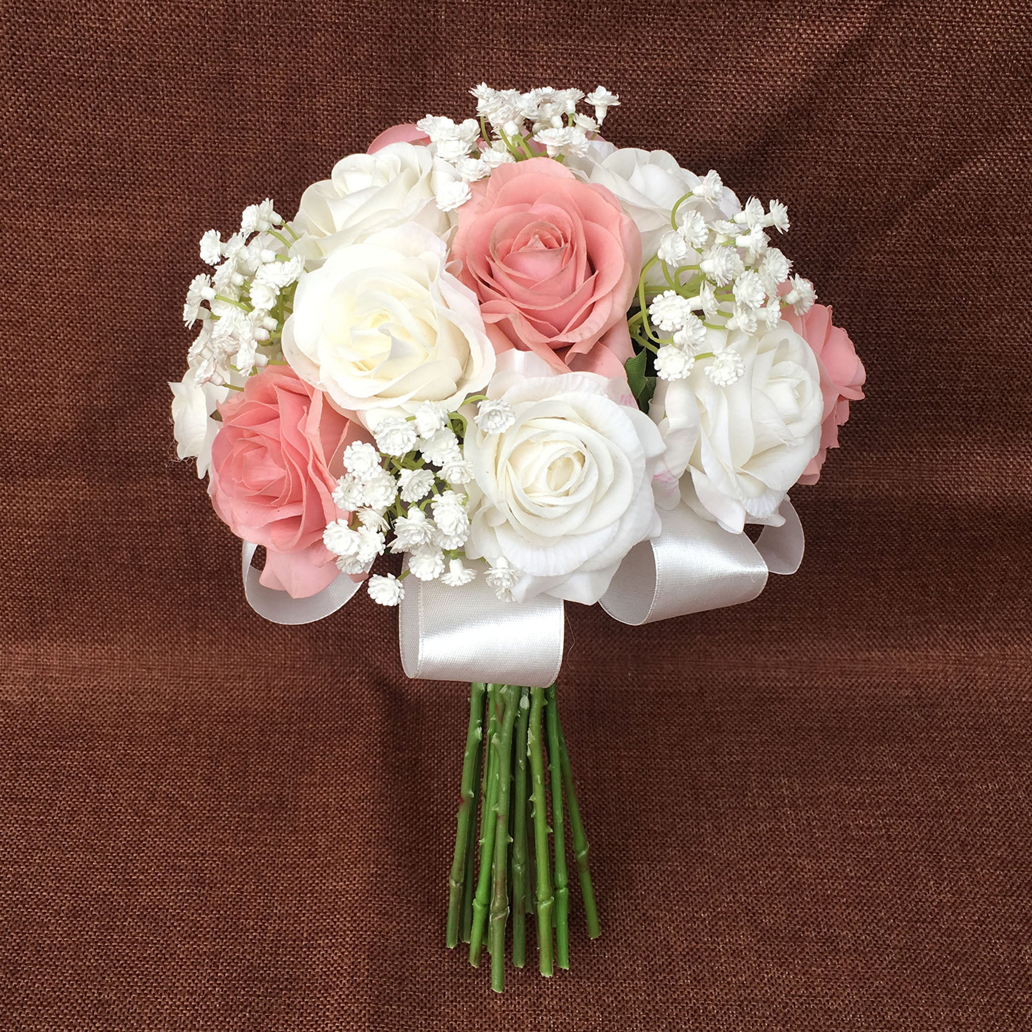 Dusty Rose and White Wedding Bouquet with Babysreahth