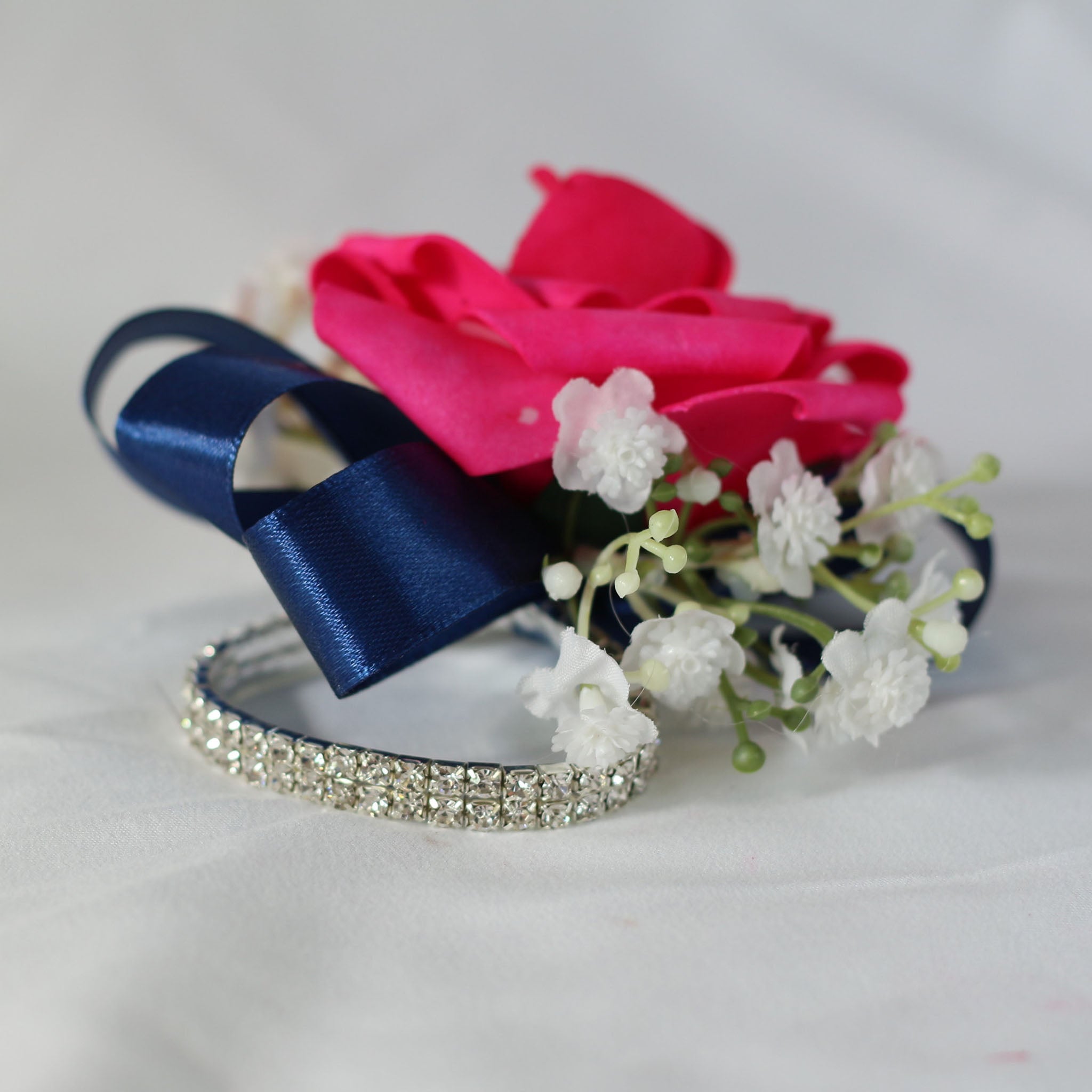 Hot Pink Bride Flower Bouquet Artificial Roses Navy Blue Ribbon
