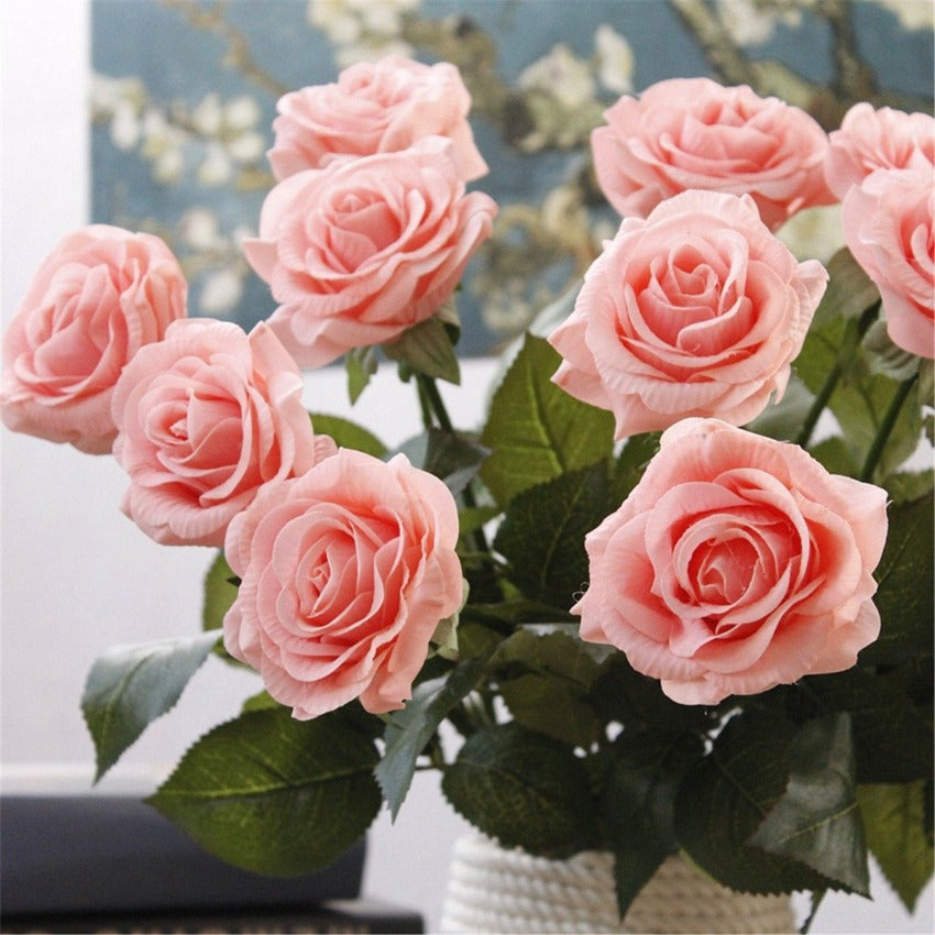 Soft Pink Roses Latex 10 Artificial Flowers Faux Wedding Flower