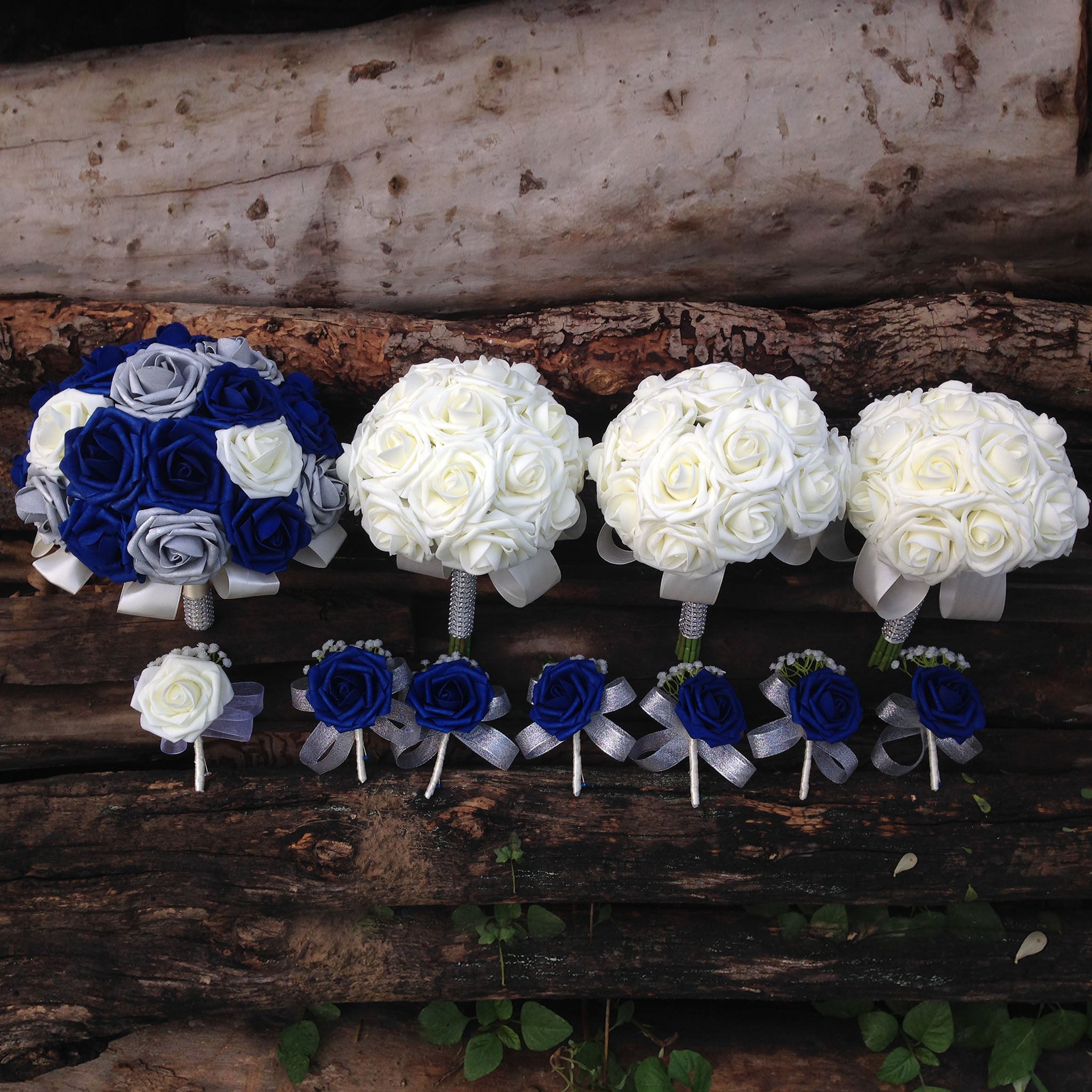 Royal Blue Ivory Roses Wedding Bouquets for Bridal Bridesmaids Boutonnieres