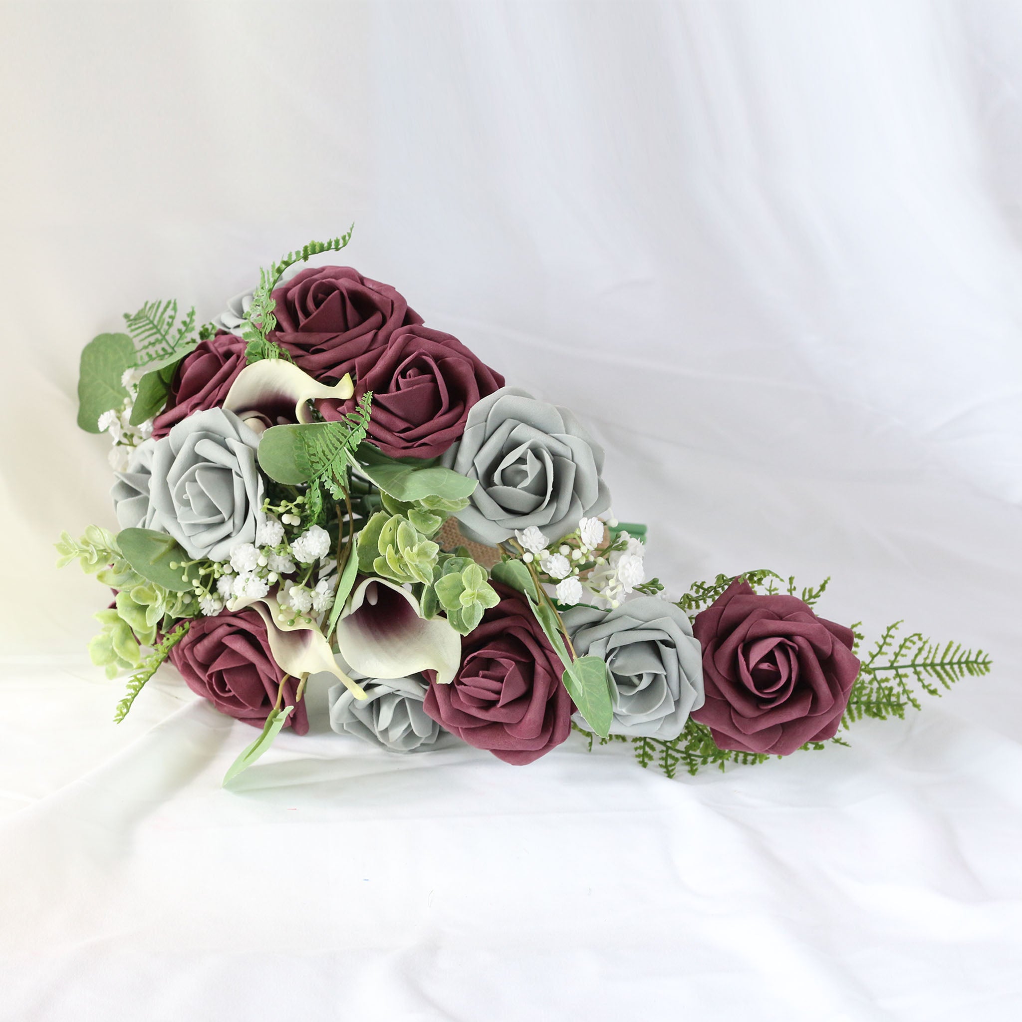 Plum Gray Roses Cascading Bouquet Fake Flower Greenery Bouquet