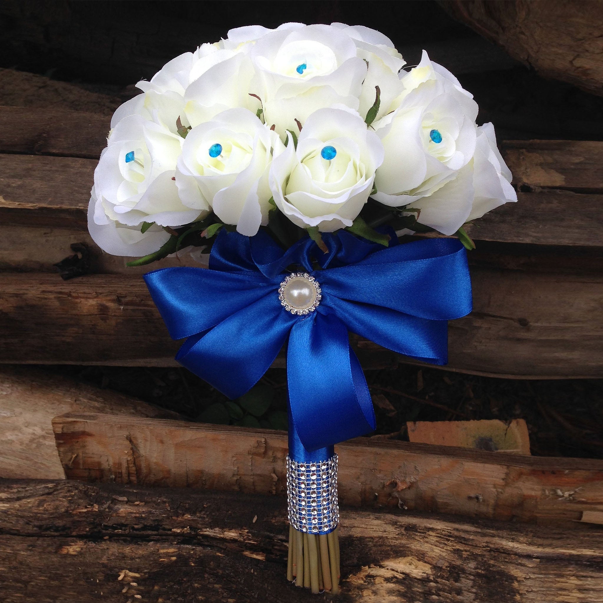 Bouquet of Silk Rose Buds Royal Blue Ribbon Bride Wedding Bouquet