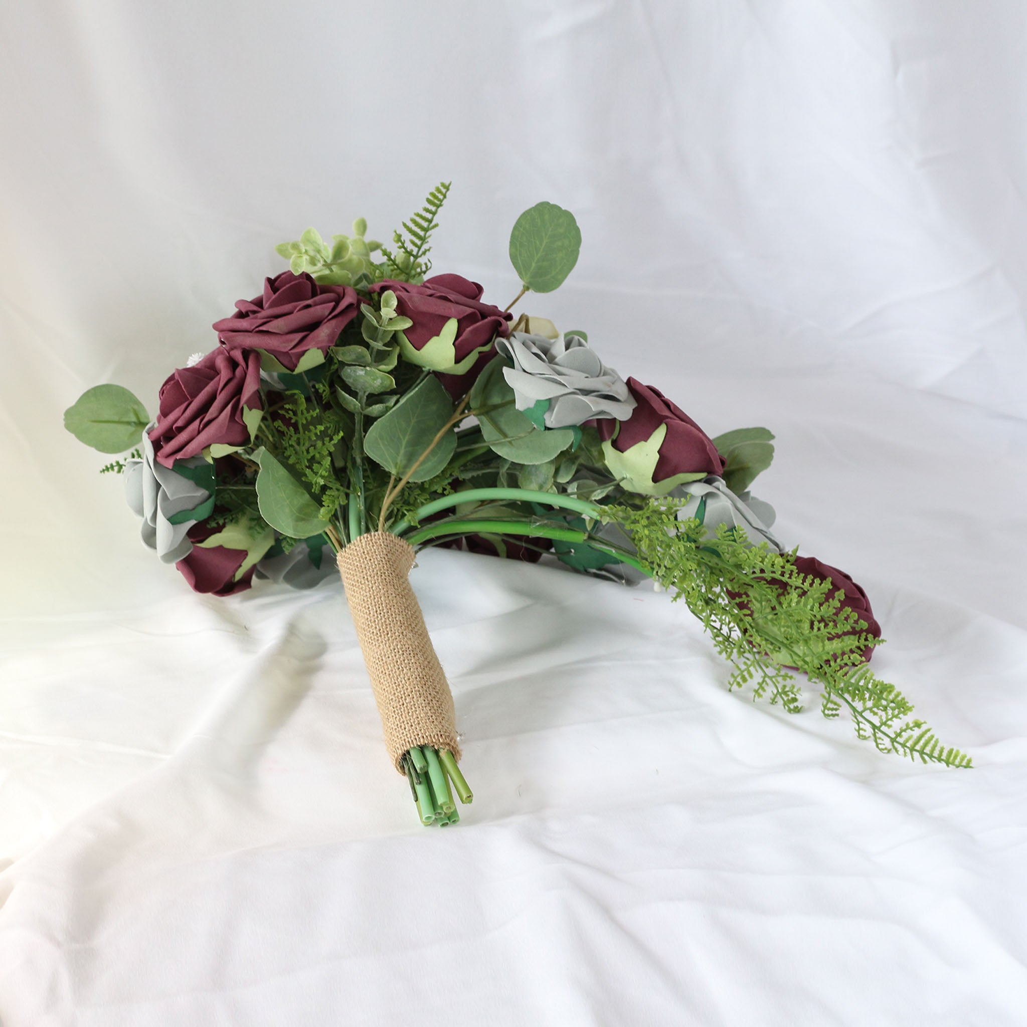 Plum Gray Roses Cascading Bouquet Fake Flower Greenery Bouquet