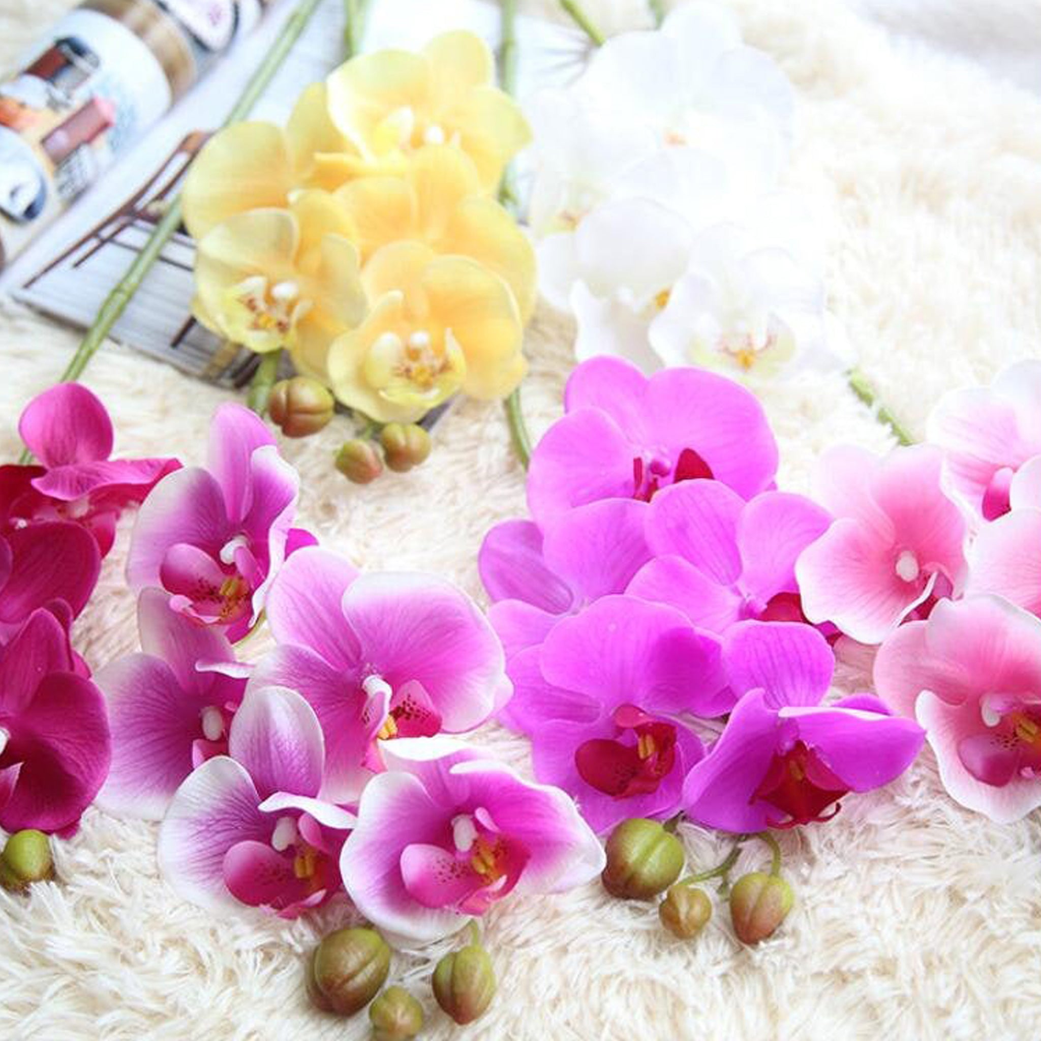 Fake Orchids Flowers White Purple Yellow Fuchsia