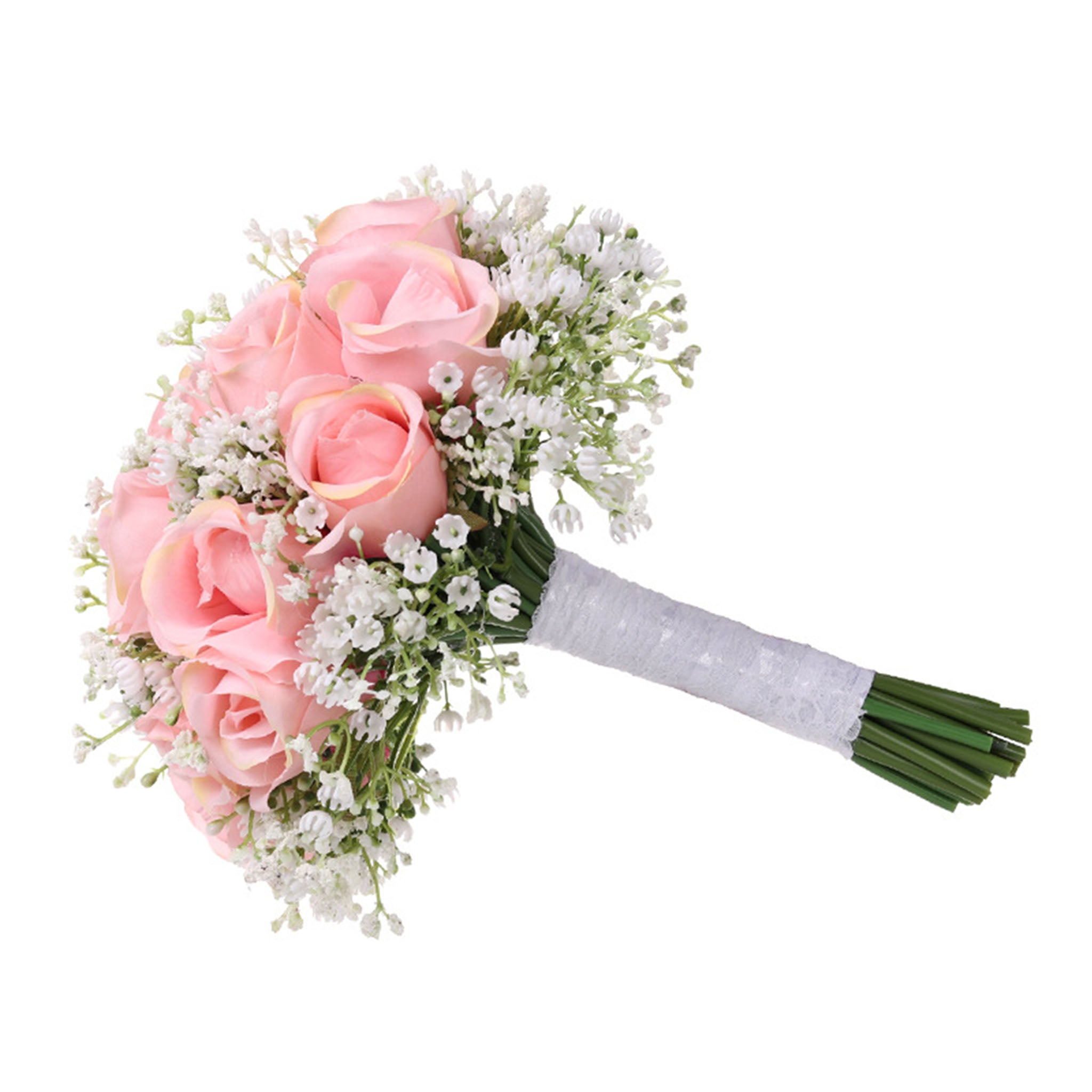 Spring Rustic Wedding Bouquet Silk Roses Pink Babysbreath Bouquet