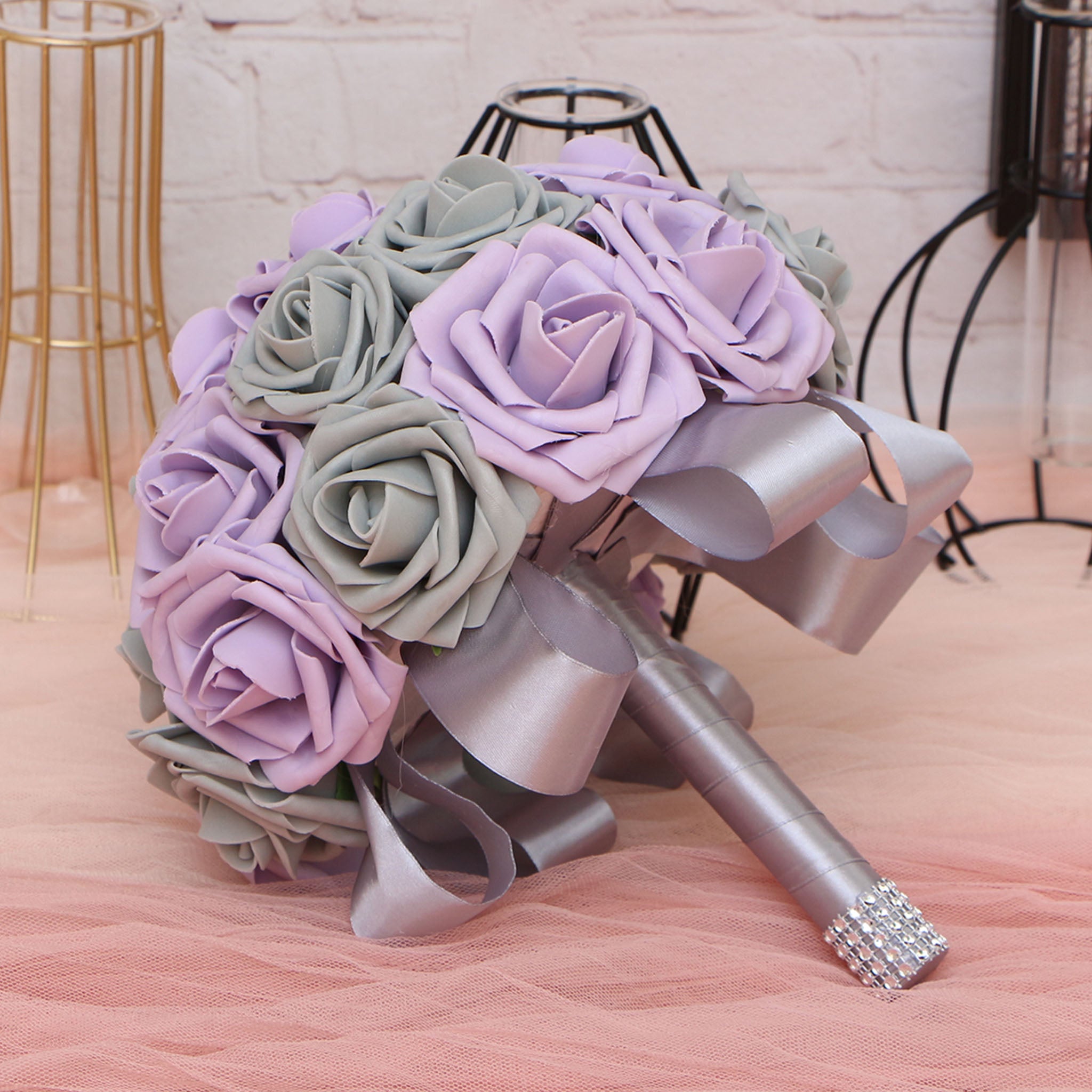 Gray and Lilac Roses Bridesmaid Bouquet