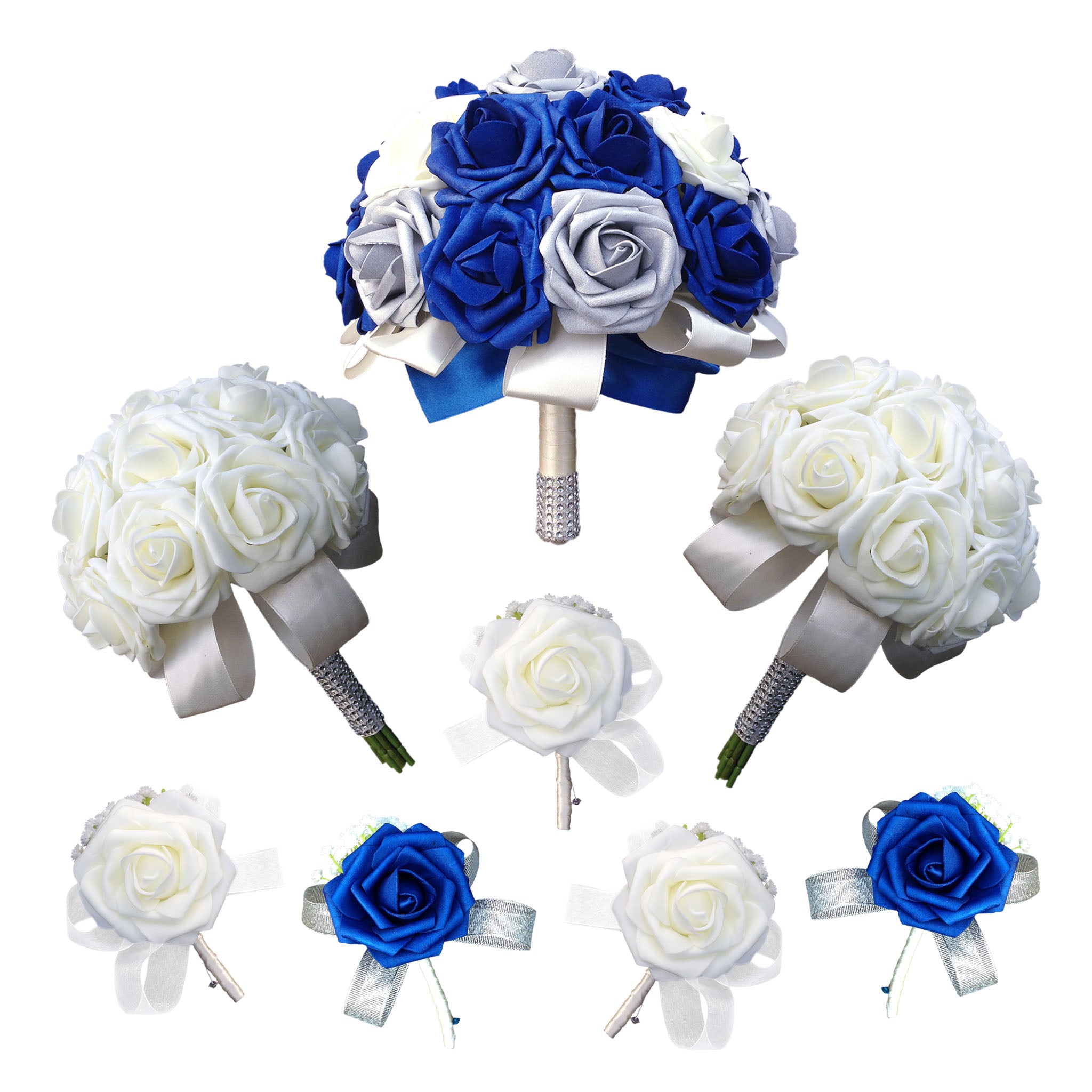 Royal Blue Ivory Roses Wedding Bouquets for Bridal Bridesmaids Boutonnieres