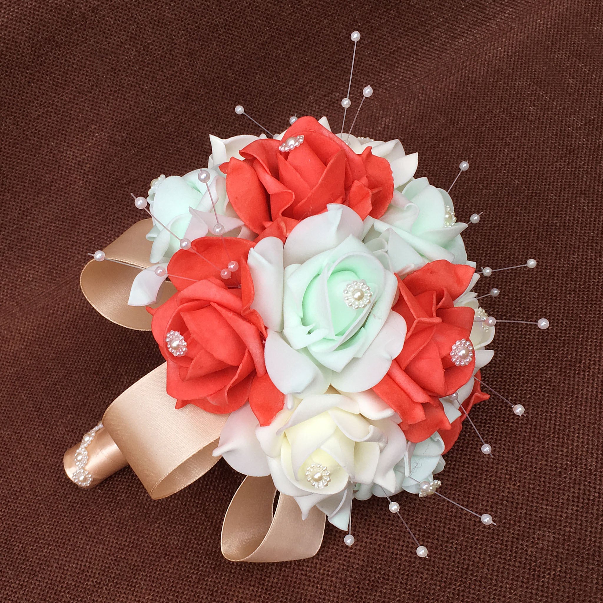 Coral Mint Ivory Flower Bouquet Artificial Bridesmaid Bouquet