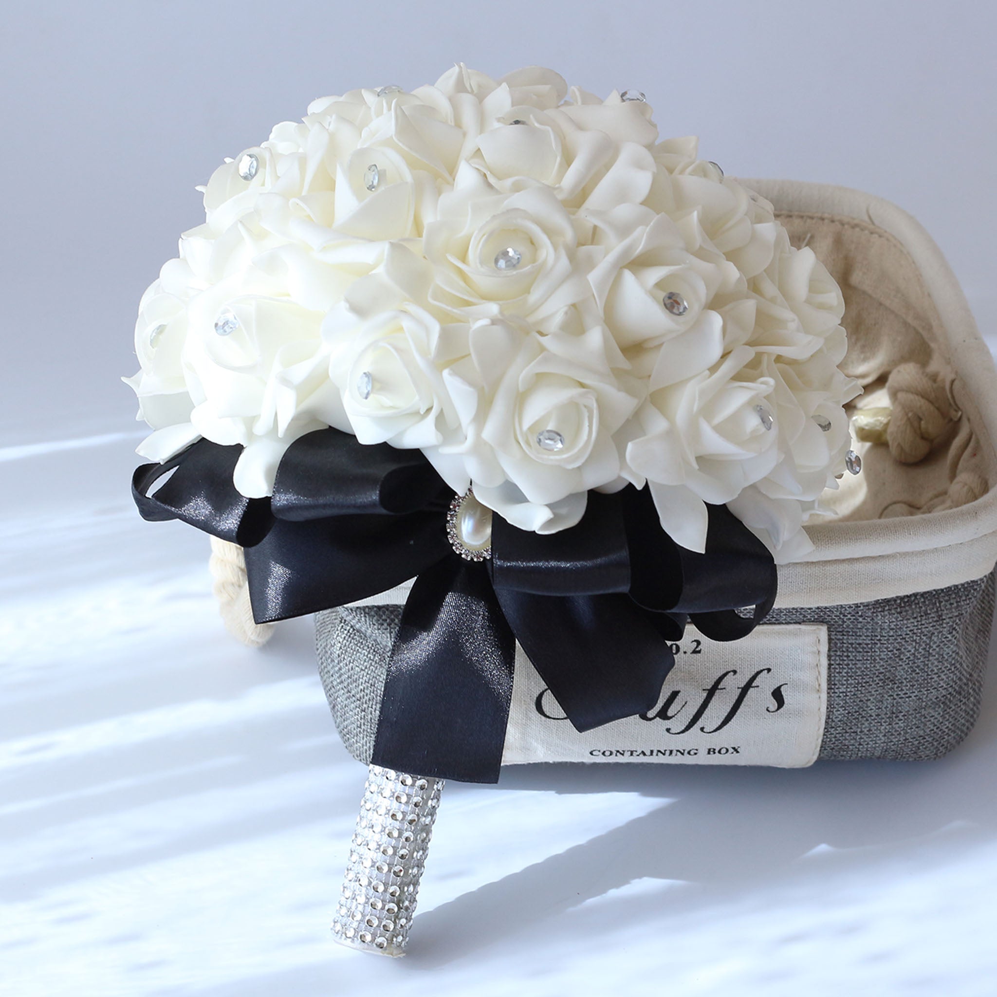 Wedding Bouquet White Roses Black Ribbon for Bridal Bridesmaids