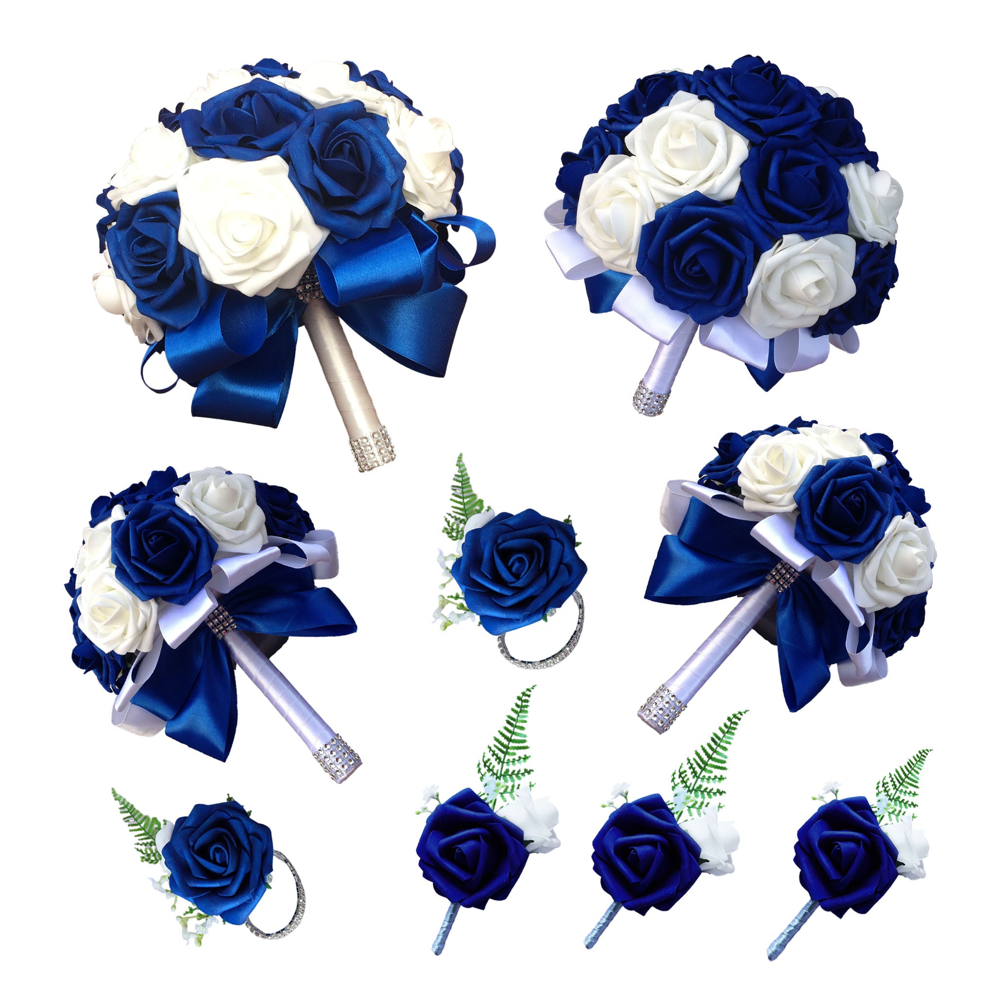 White and Royal Blue Wedding Bouquet for Bridal Bridesmaids