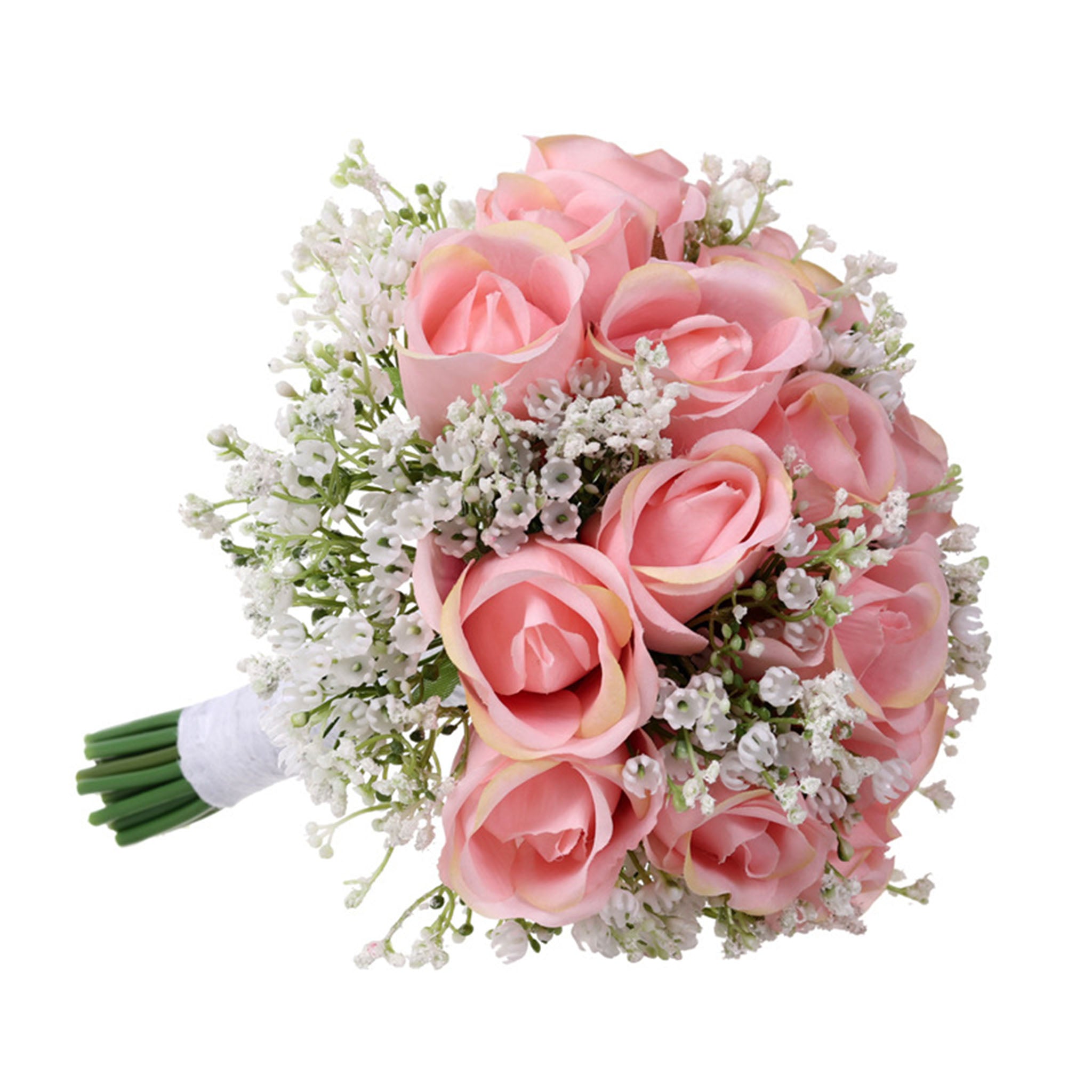 Spring Rustic Wedding Bouquet Silk Roses Pink Babysbreath Bouquet