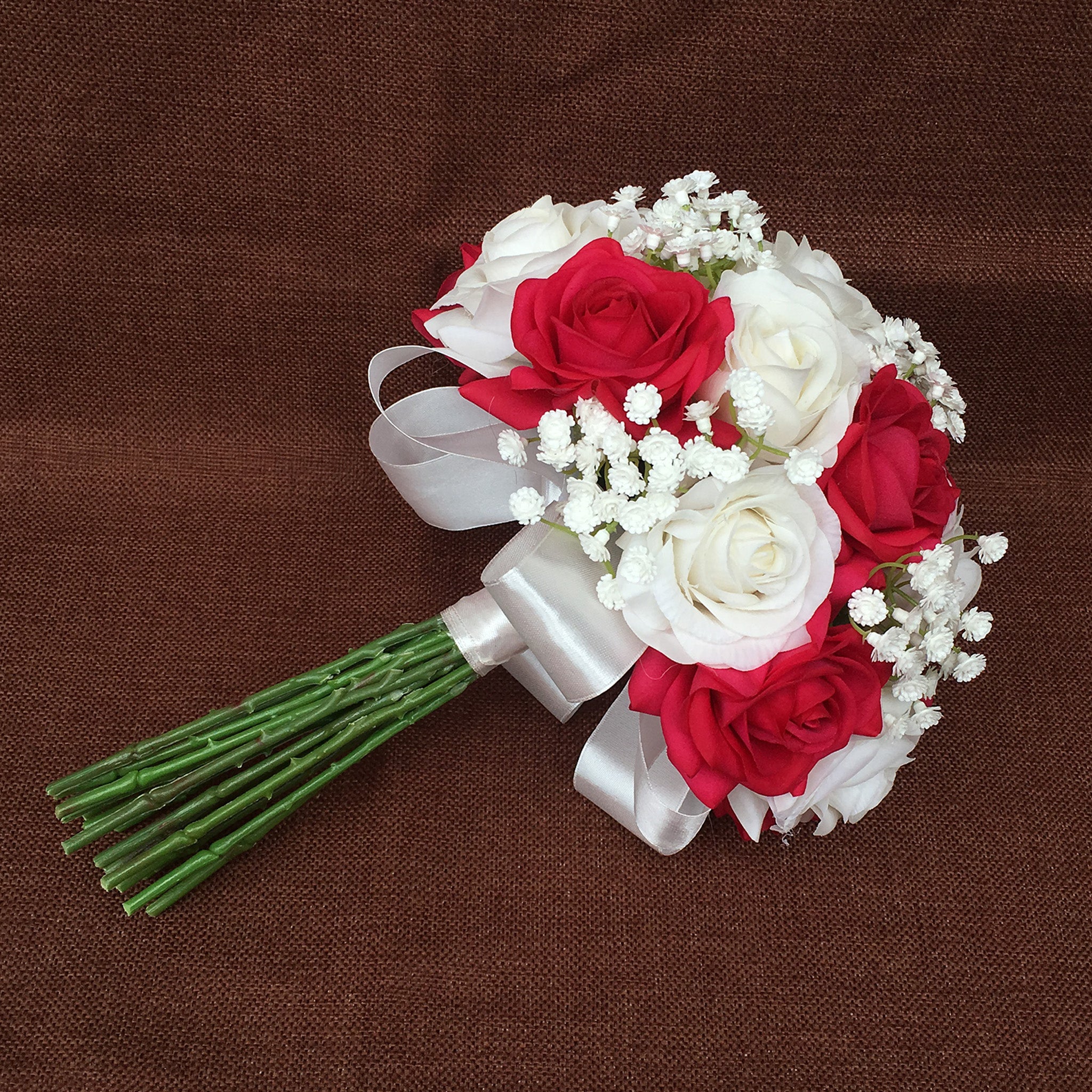 White and Fuchsia Bridal Flower Bouquet with Babys Breath