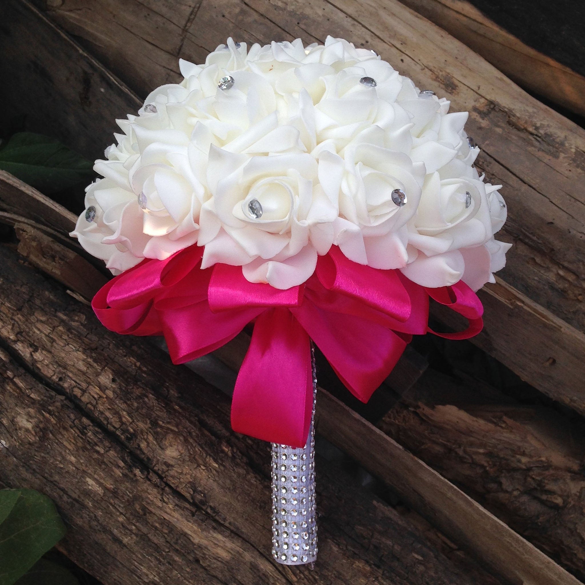 Fuchsia Silk Ribbon White Rose Bouquet For Bridal Bridesmaids