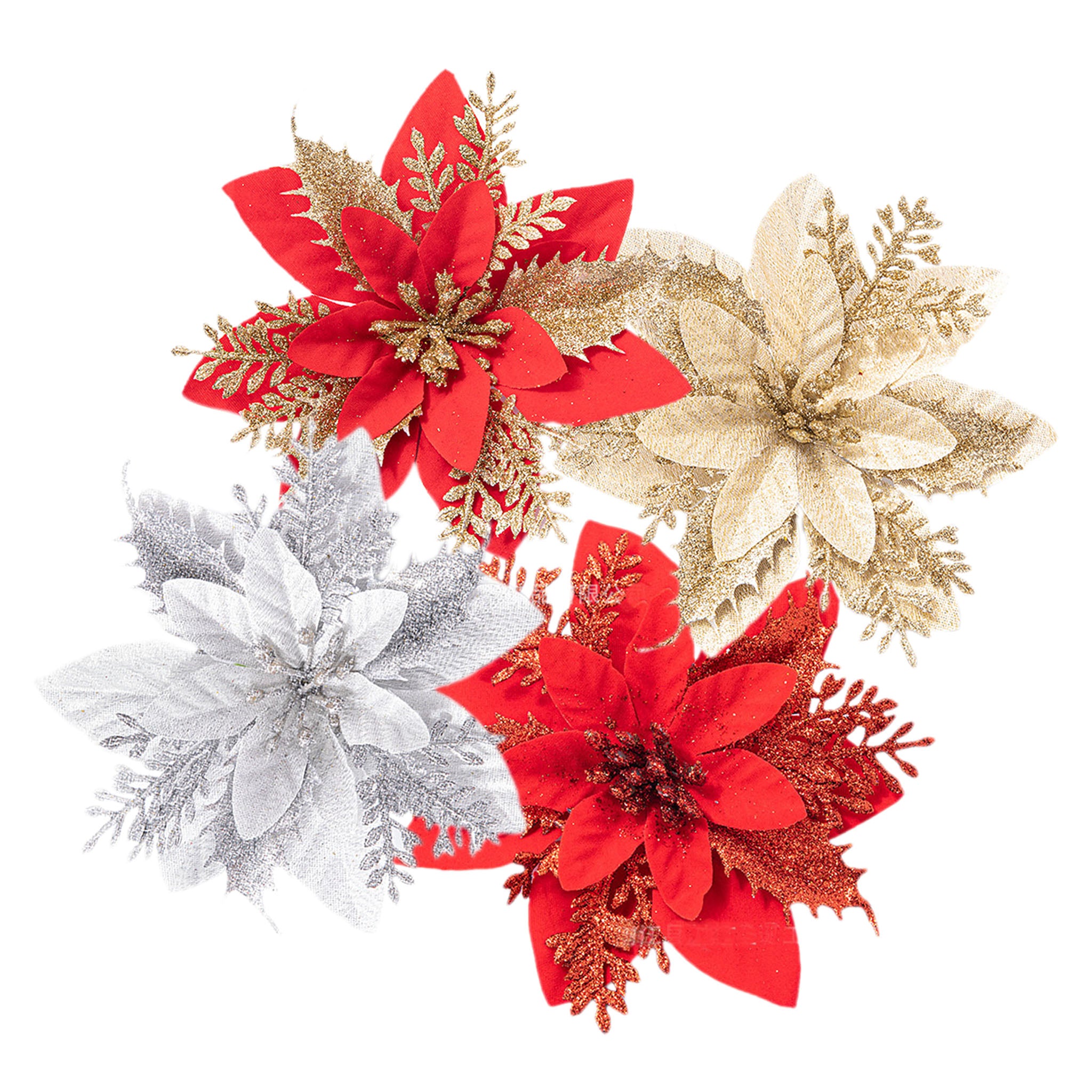 Christmas Flowers Artificial Poinsettia Glitter Decorations Xmas Tree Ornaments