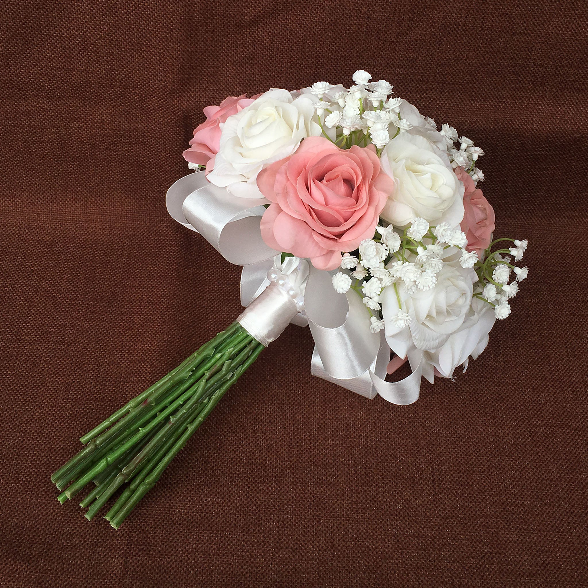 Dusty Rose and White Wedding Bouquet with Babysreahth