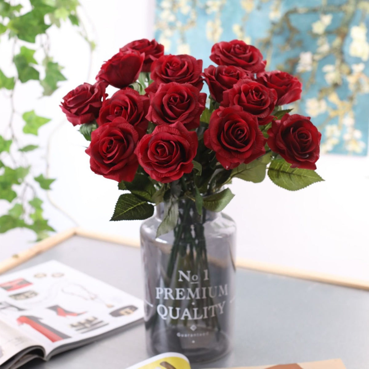Dark Red Flowers Real Touch Roses Burgundy for Wedding Floral Decor 10pcs