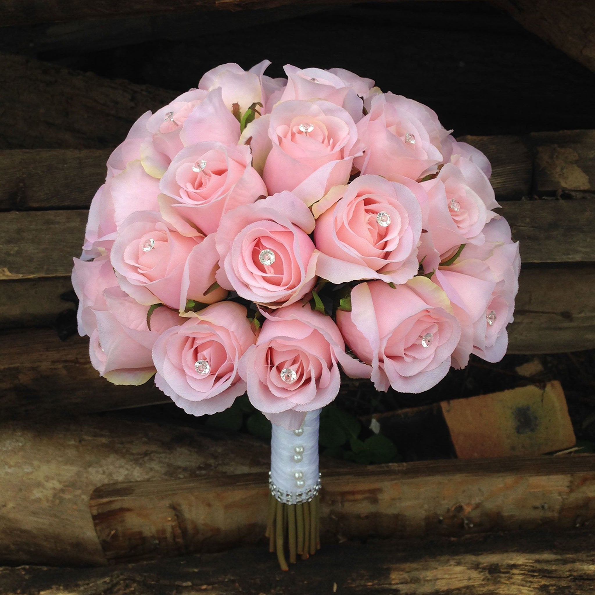 Pink Rose Bouquet Silk Flower Bridal Wedding Bouquet with Crystal