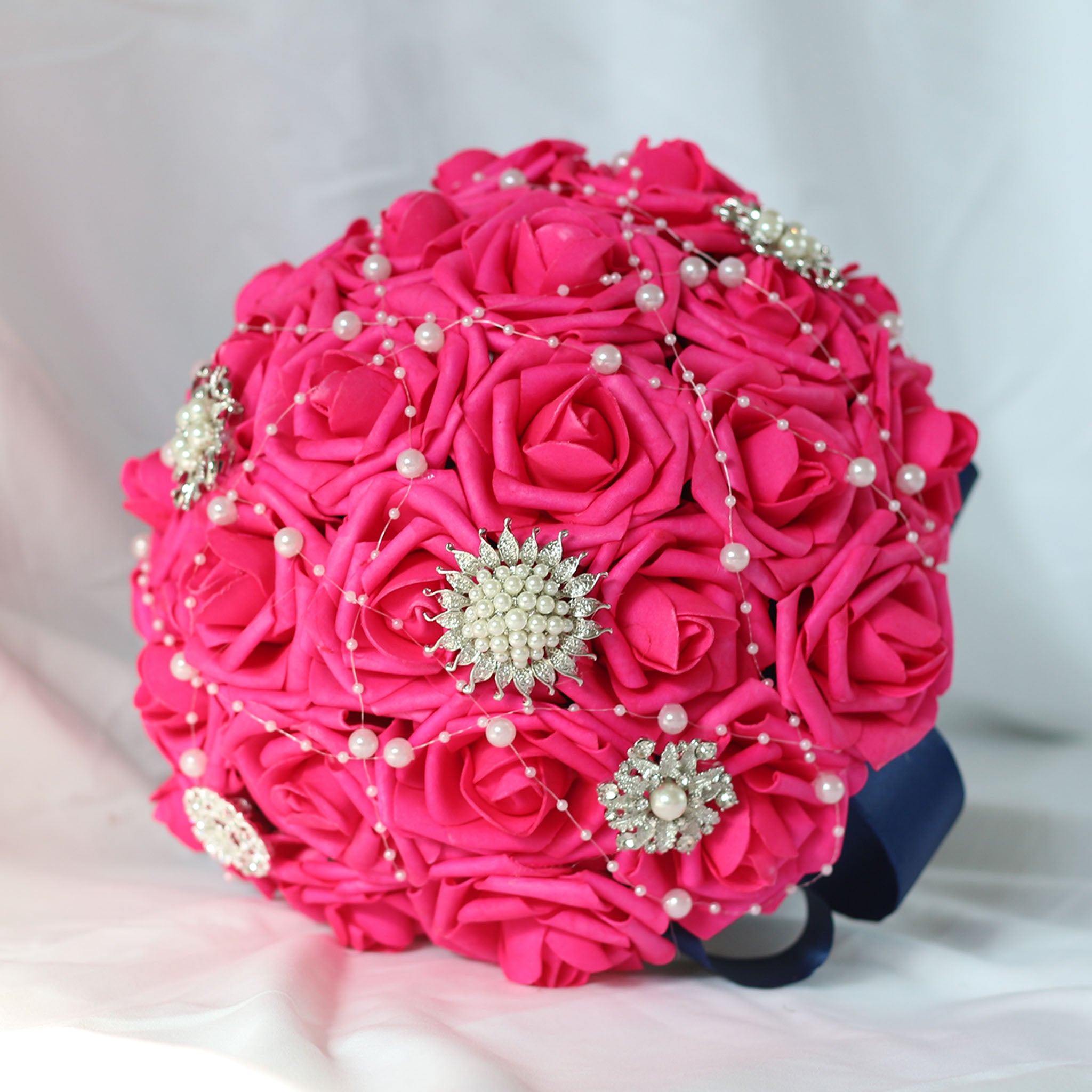 Hot Pink Bride Flower Bouquet Artificial Roses Navy Blue Ribbon