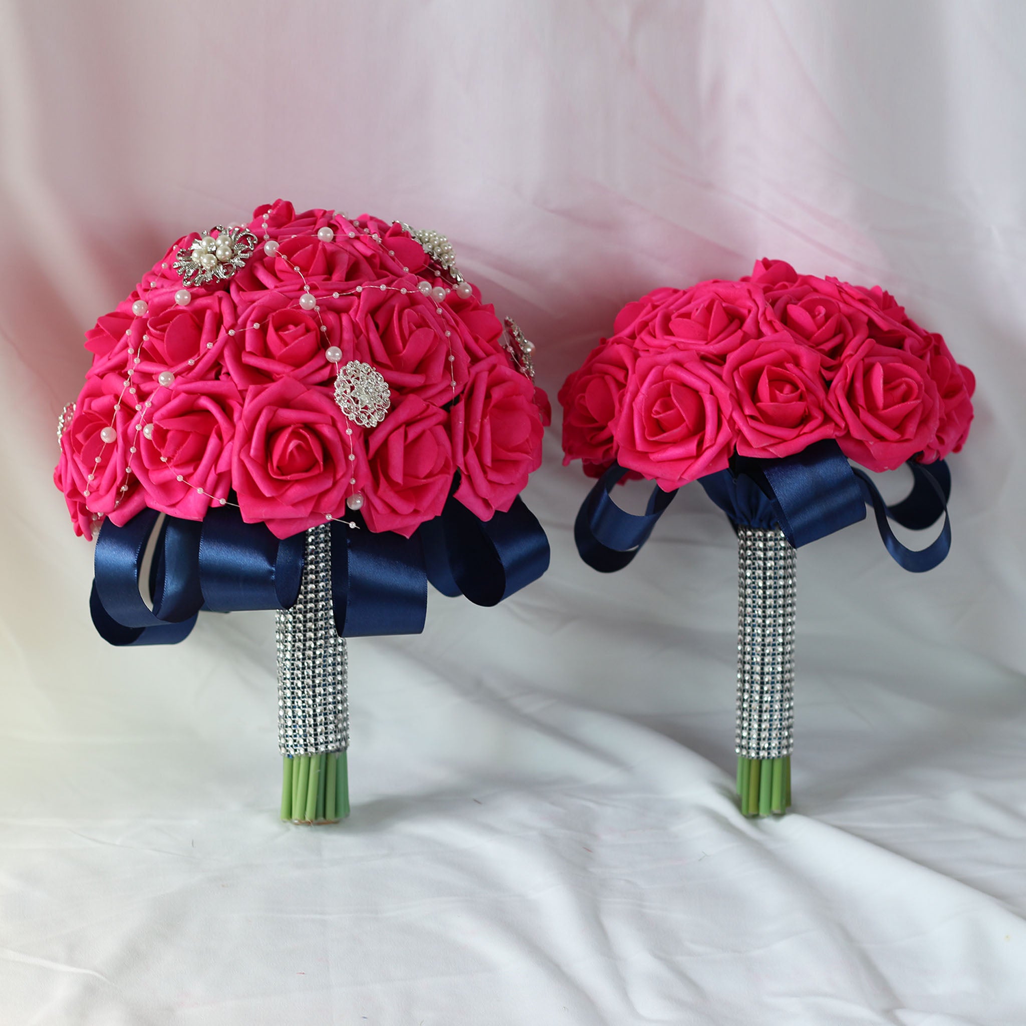 Hot Pink Bride Flower Bouquet Artificial Roses Navy Blue Ribbon